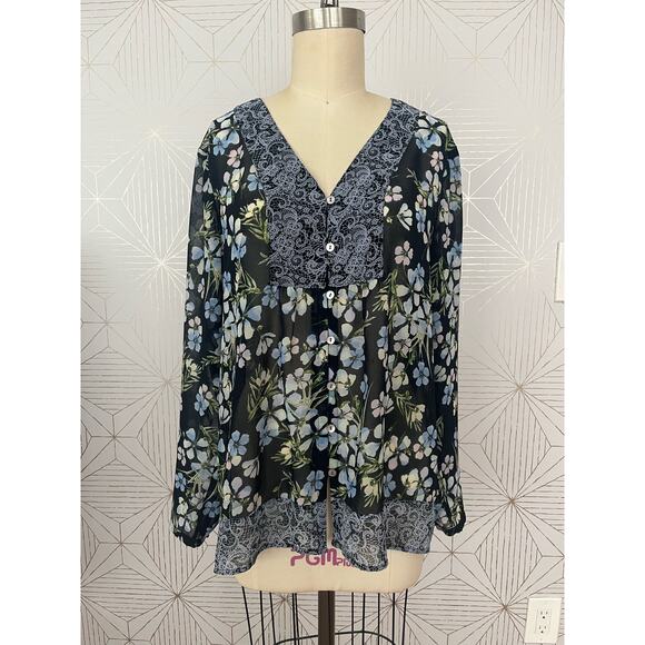 J.Jill Blue Semi Sheer Long Sleeve Floral Boho Blouse Cottagecore sz Large $89 - Picture 2 of 12